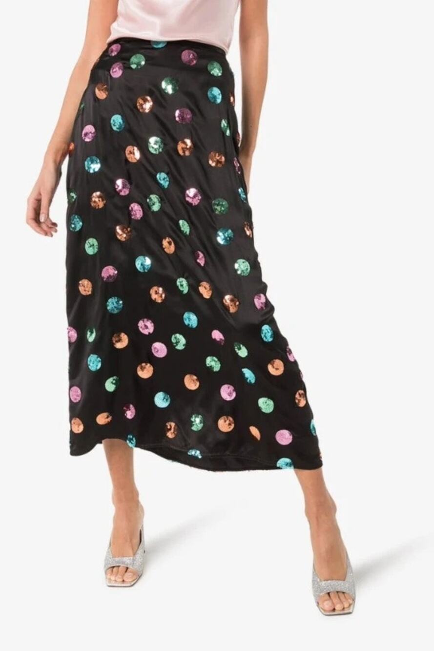RIXO Kelly Polka Dot Sequin Midi Skirt Black Multicolor Size Small